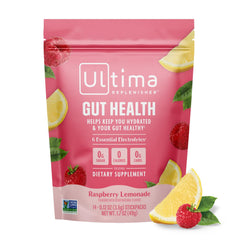 Ultima Replenisher Raspberry Lemonade stickpack for hydrating electrolytes and gut-friendly ingredients.
