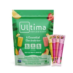 Ultima Replenisher TeaFresher variety box front for on-the-go hydration.