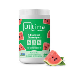 Ultima Replenisher Watermelon canister front view showing a sugar-free hydration option.