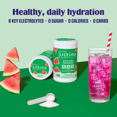 Ultima Replenisher powder dissolving in water for refreshing flavor.