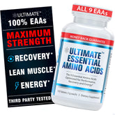Ultimate EAA bottle pouring shows easy-to-swallow tablets for daily energy support.