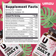 UMZU Daily B ingredient panel detailing B vitamins for energy metabolism