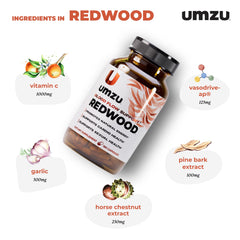 UMZU Redwood capsules close-up highlights individual servings for easy daily intake.