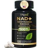 UNcena NAD supplement bottle close-up highlighting the 1500mg formula for daily energy support.