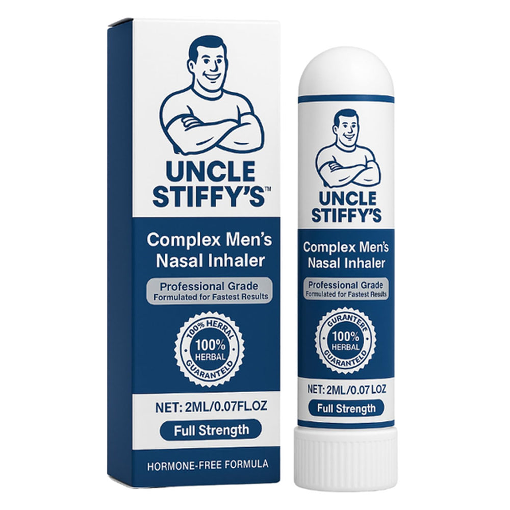 Uncle Stiffy nasal inhaler with a compact pocket design for quick energy.