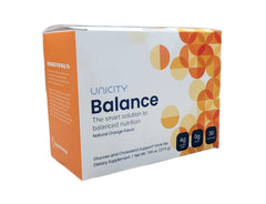 Unicity Balance Natural Orange bottle and packets for mindful pre-meal use.