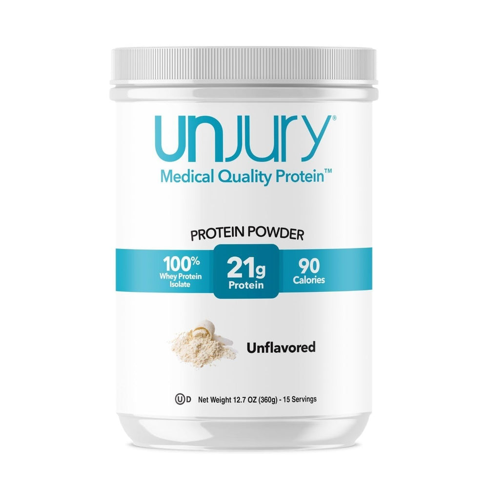 Unjury unflavored whey isolate canister front for high-protein shakes