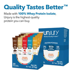 Unjury whey protein isolate ingredient listing shows lactose-free, gluten-free, kosher quality for sensitive diets.