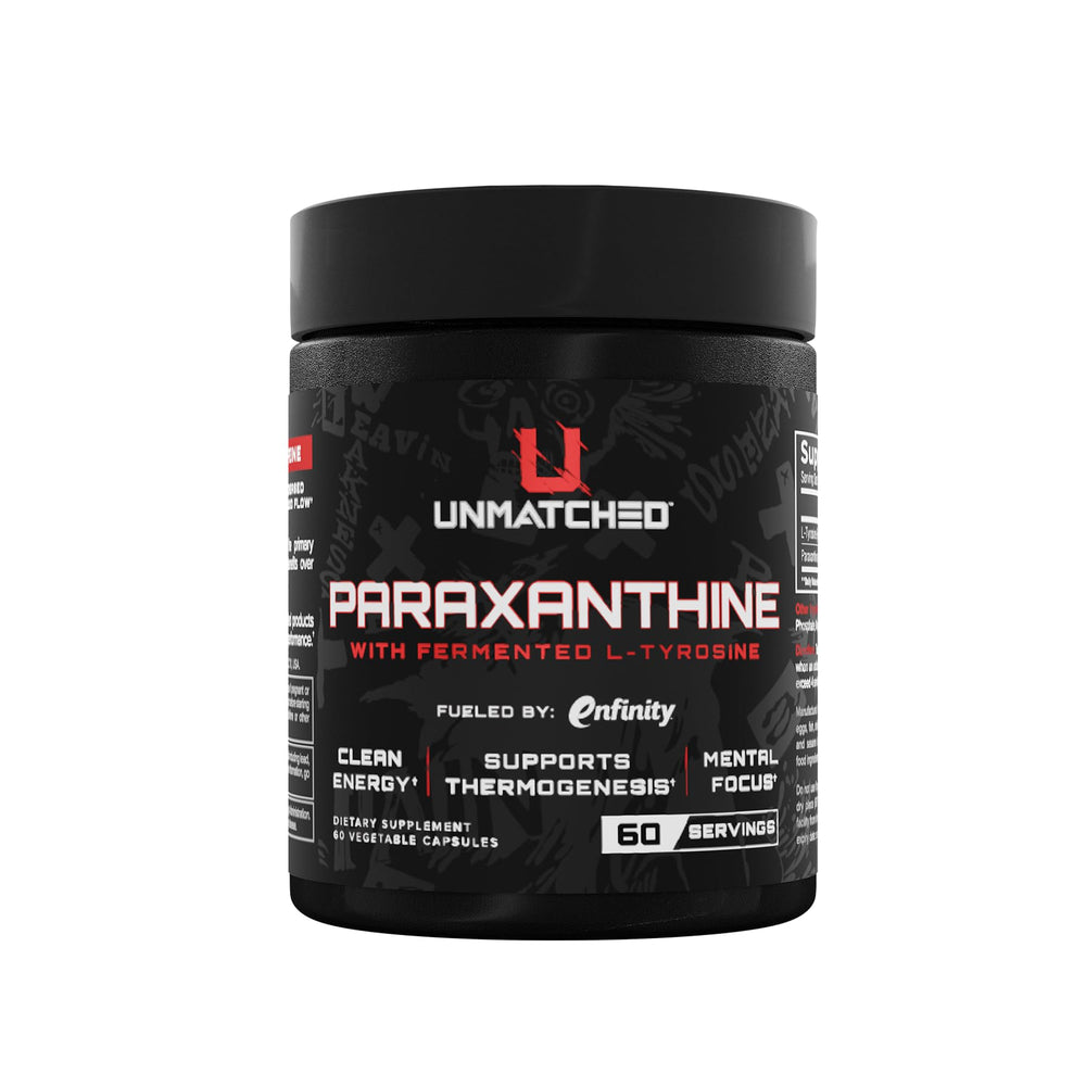 Unmatched Paraxanthine bottle pouring to illustrate clean energy benefits.