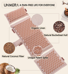 UNMERA acupressure pillow buckwheat husk close-up for neck tension relief.
