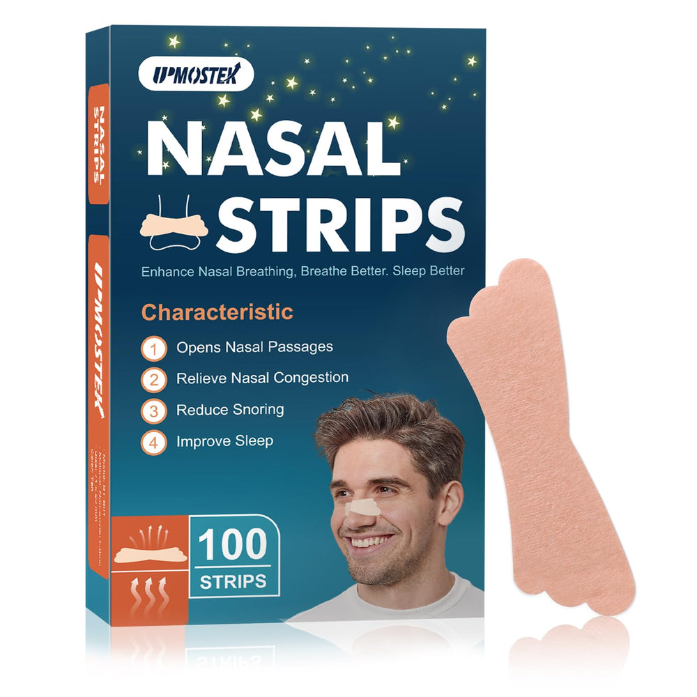 UPMOSTEK nasal strip packaging showing convenient 100-pack for sleep and travel.