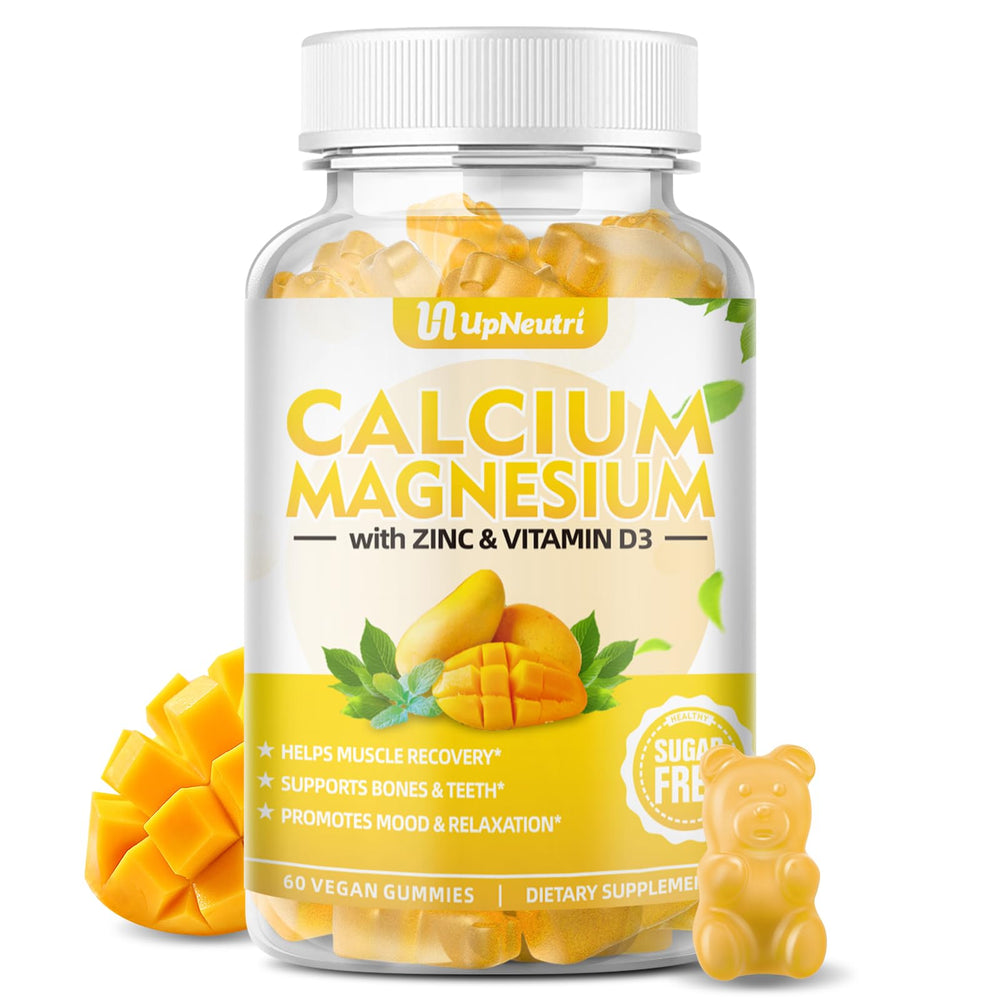 UPNEUTRI calcium magnesium zinc bottle front with vegan gummies for bone support