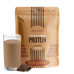 UpNourish chocolate vegan protein powder tub front view for daily nutrition
