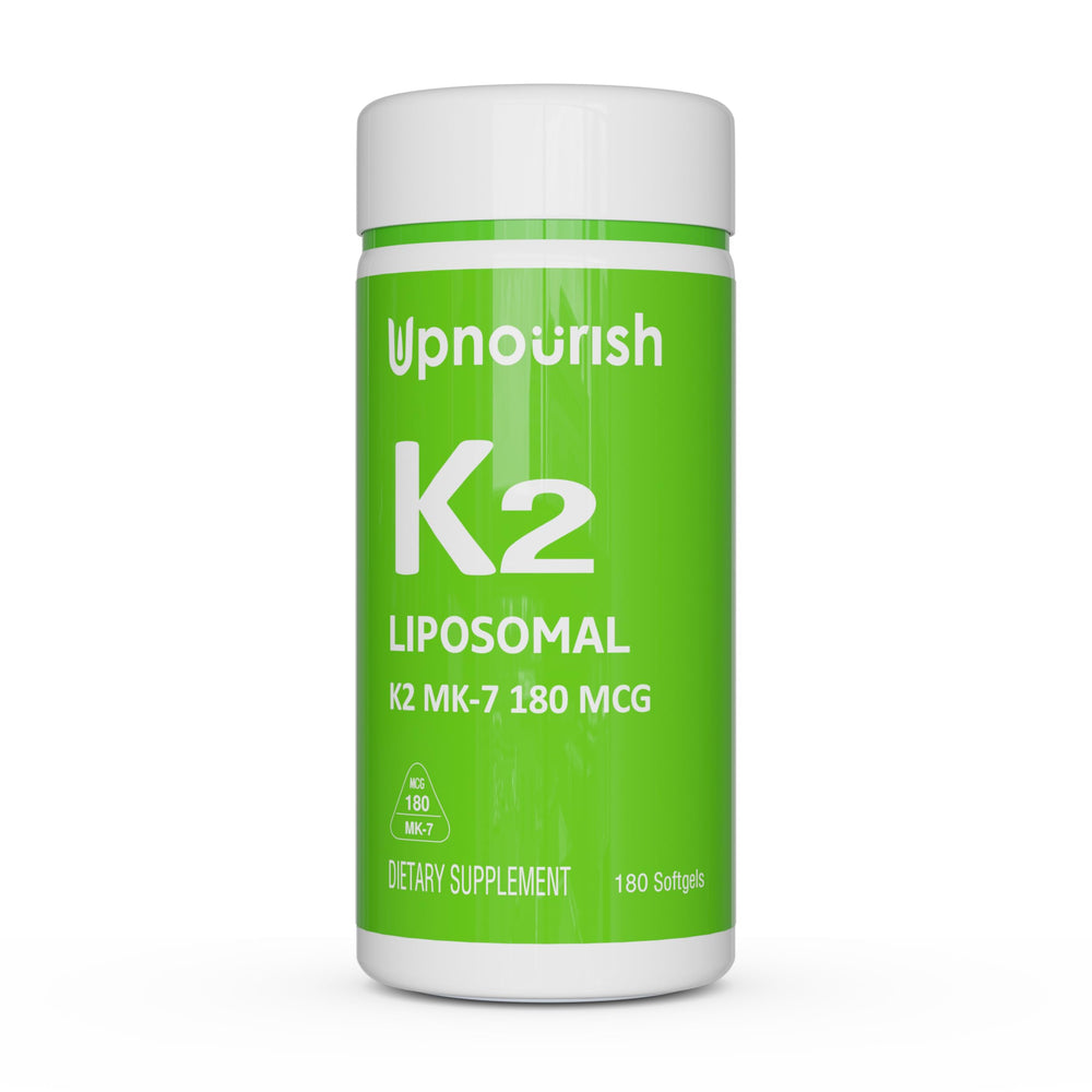 UpNourish liposomal vitamin K2 MK7 bottle with compact softgels for easy swallowing.
