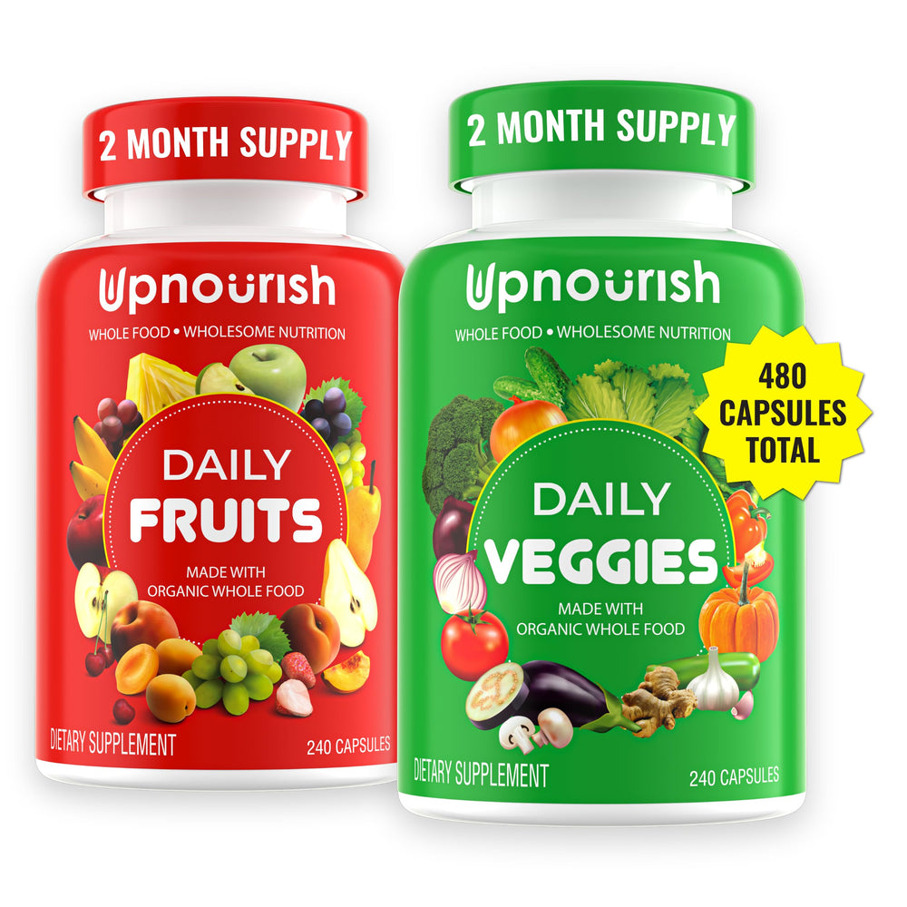 UpNourish organic fruits and veggies capsules bottle pour for daily balance.