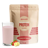 UpNourish strawberry banana vegan protein powder bottle showing dairy-free formula and nutrition