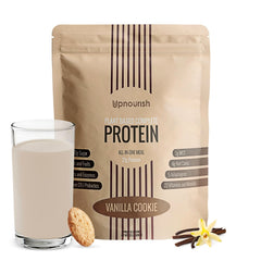 UpNourish Vanilla Cookie Protein Powder tub label shows clean, dairy-free ingredients.