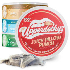 Upperdeckys caffeine pouches four flavors packshot showing sugar-free energy on the go.