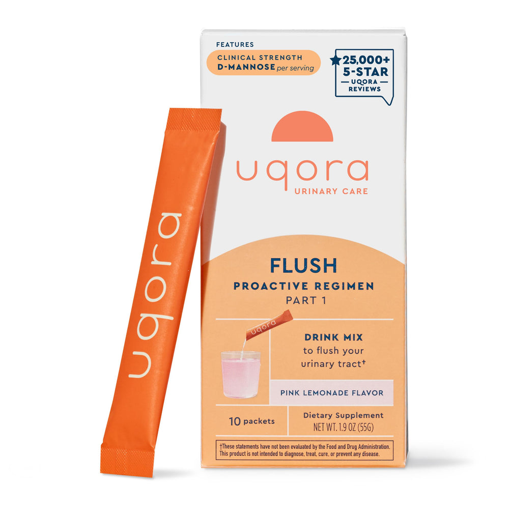 Uqora Flush pink lemonade packet closeup showing flavor and potential urinary health support