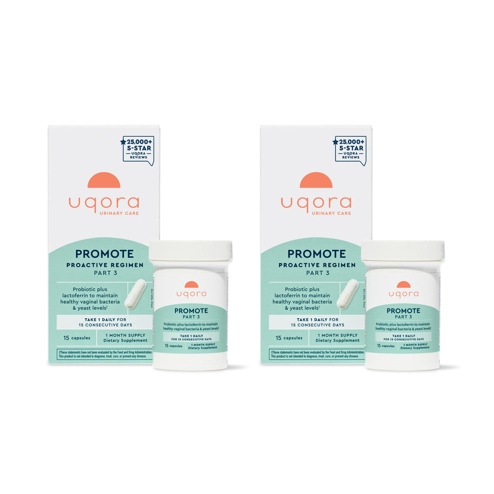 Uqora Promote bottle front showing 30 capsules for monthly vaginal health support.