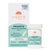 Uqora Promote bottle front on shelf signaling convenient vaginal health support for daily use.