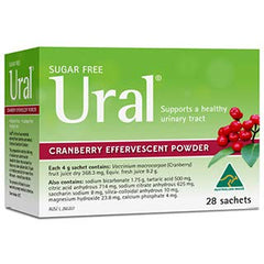 Ural Cranberry Effervescent Powder sachets dissolving in water for daily urinary wellness.