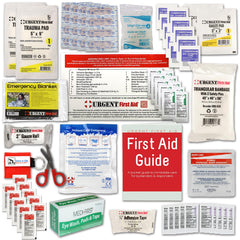 Urgent First Aid eye care, burn and CPR items ready for quick response