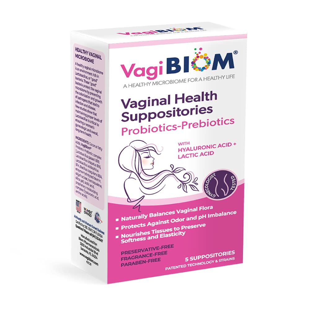 VagiBiom packaging showcases probiotic suppository support for healthy flora balance.