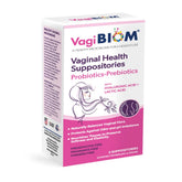 VagiBiom packaging showcases probiotic suppository support for healthy flora balance.