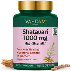 VAHDAM Shatavari capsules 1000mg bottle highlighting premium herbal balance support for women.