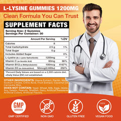 VAJYKEWJY L-Lysine gummies ingredient panel highlights vegan and non-GMO formula.