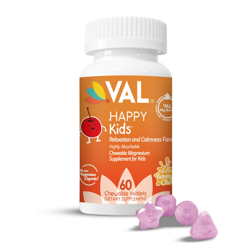 VAL Magnesium for Kids chewables with cherry flavor, supporting calm and focus