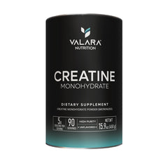 Valara creatine jar closeup showing pure micronized formula for easy mixing.