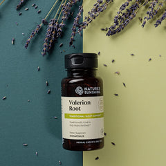 Nature's Sunshine Valerian Root capsules label front promoting relaxation.