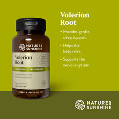 Valerian Root capsules packaging box highlighting valerenic acids.