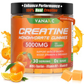 Vananc Creatine Monohydrate Gummies pack shot showing 5000 mg per serving for workouts.