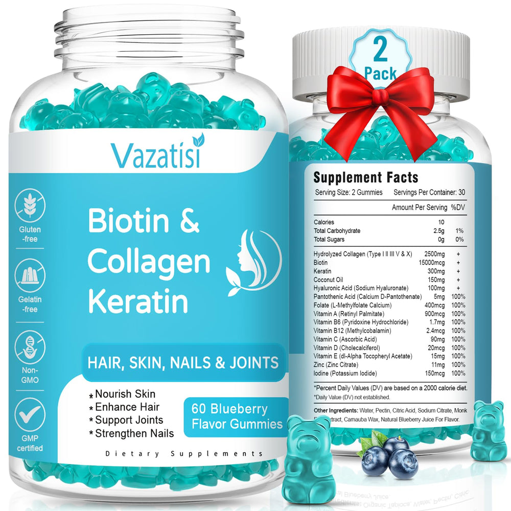 Vazatisi biotin gummies bottle front with collagen and keratin for hair support