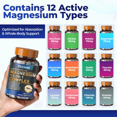 Vccvaa Magnesium Complex label highlighting vegan, non-GMO ingredients for clean daily use.