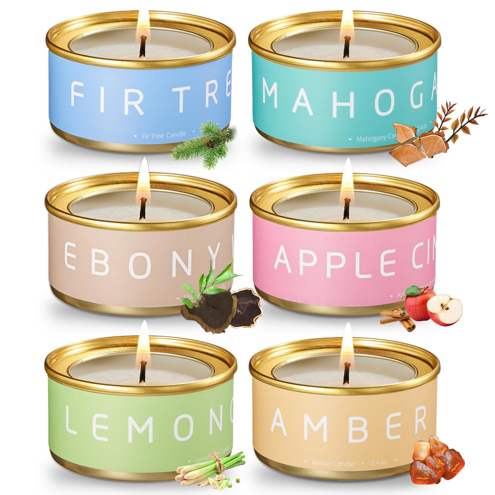 Veda Tinda Scent Christmas candle set packshot showcasing six woodsy fragrances.