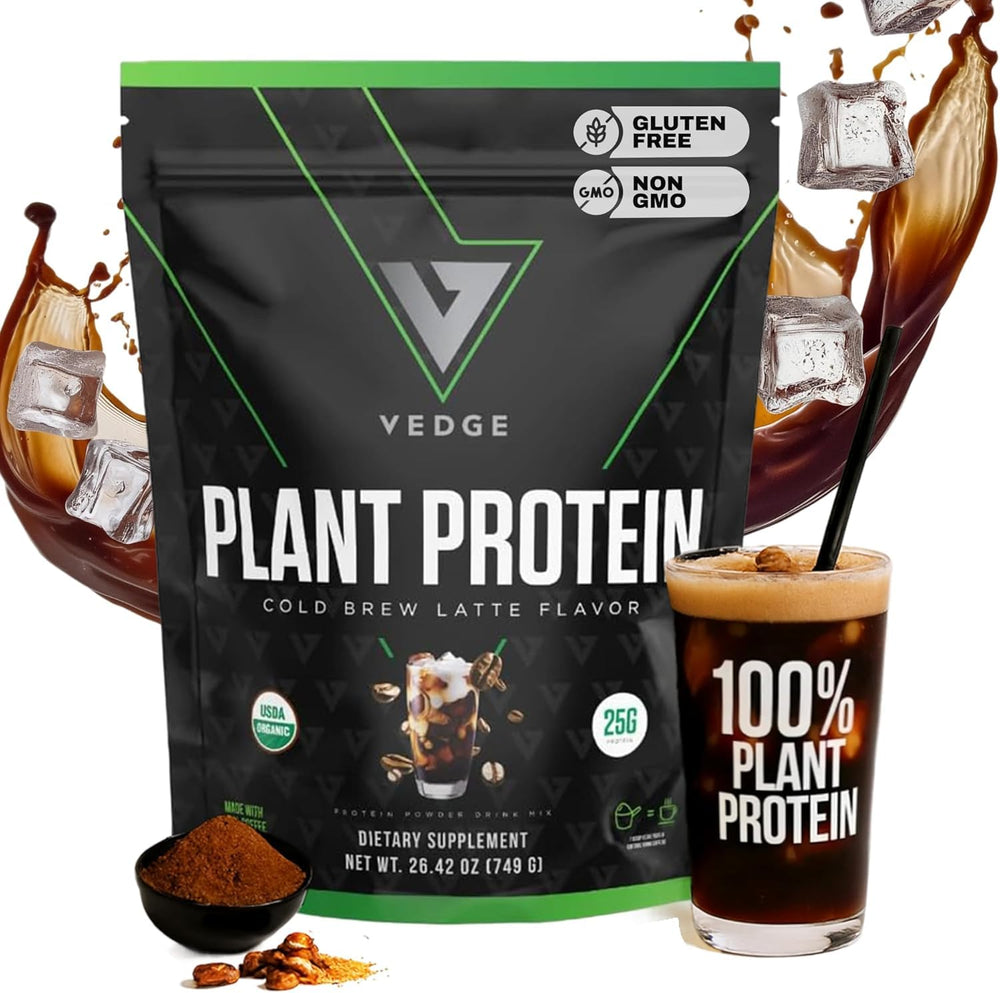 VEDGE cold brew latte protein scoop for post-workout recovery.