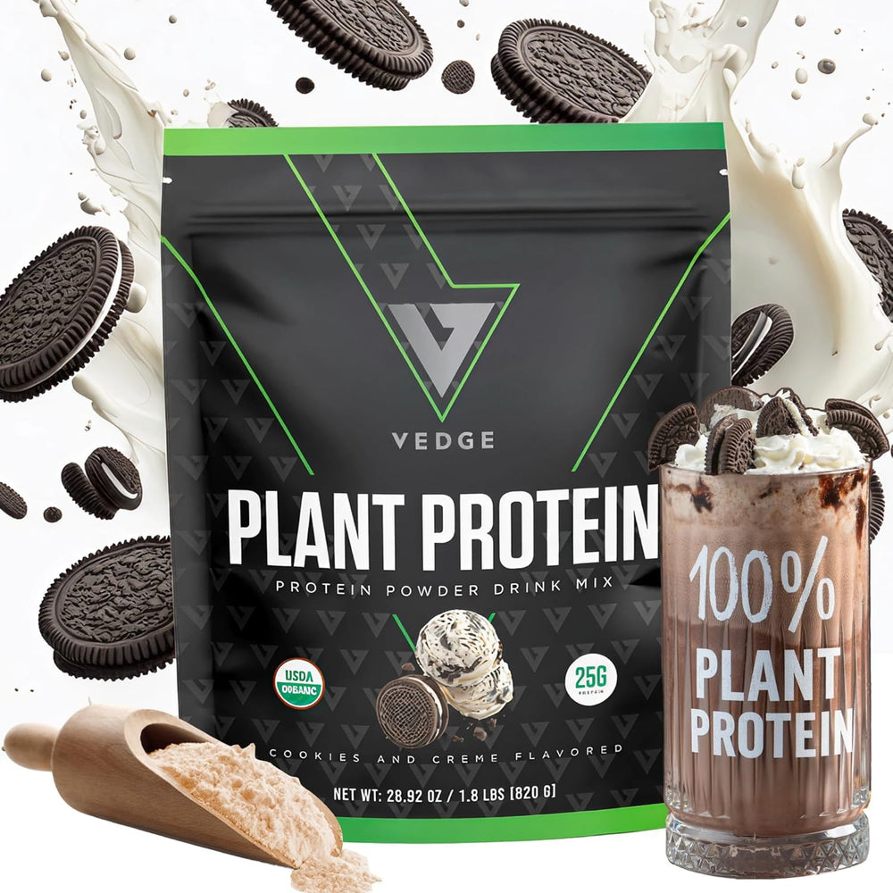 VEDGE Cookies and Creme canister closeup highlighting organic plant protein