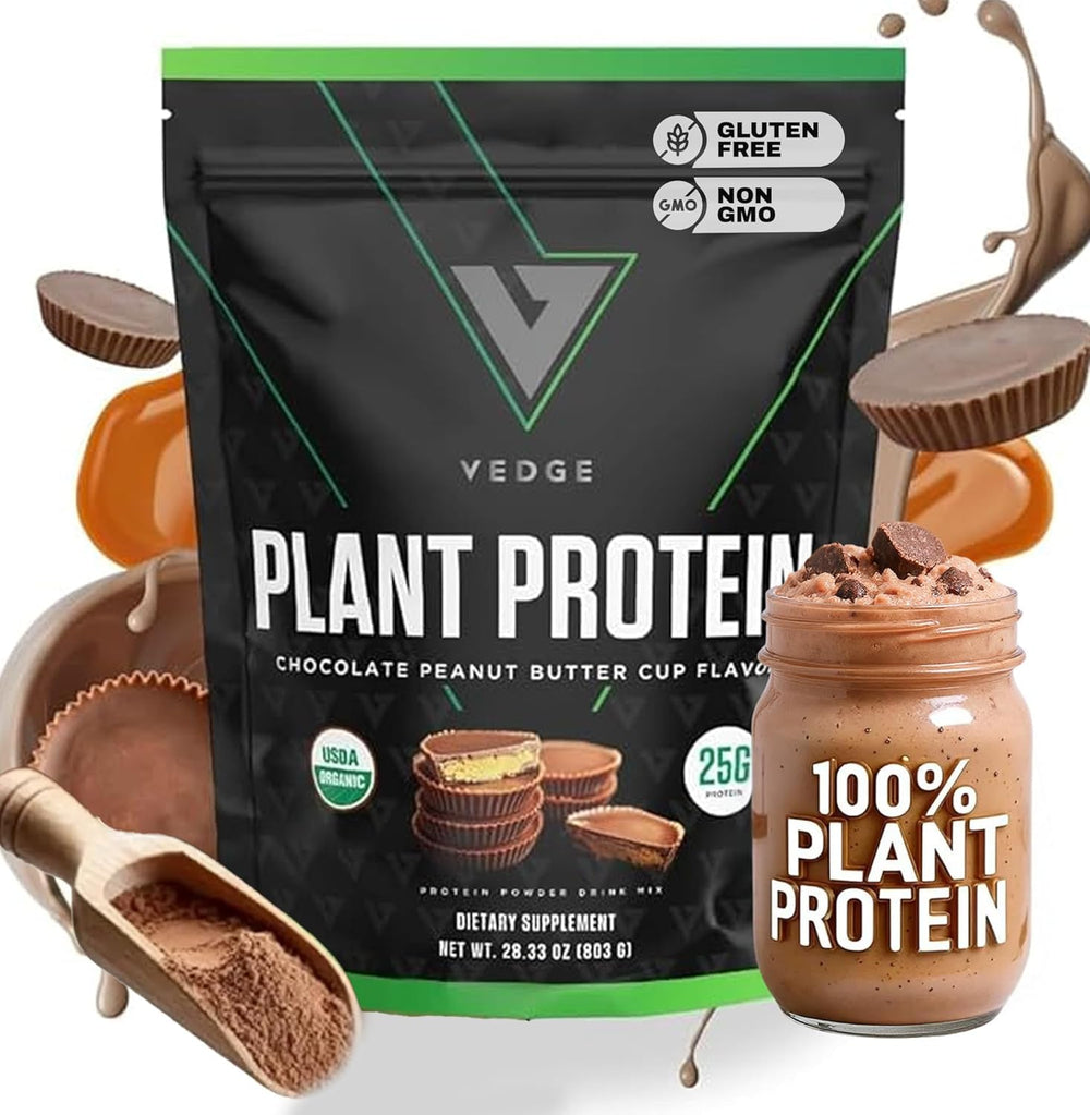 VEDGE Peanut Butter Cup protein bottle shows organic plant protein for clean energy
