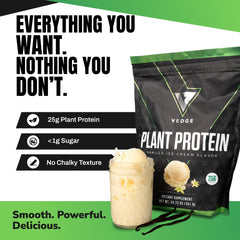 VEDGE plant protein blend closeup shows pea pumpkin and sunflower sources for daily fuel.