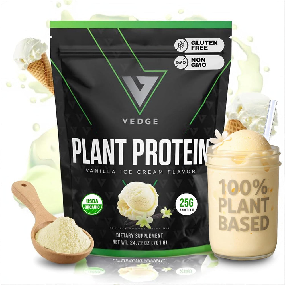 VEDGE Vegan Protein Powder vanilla tub closeup highlighting clean, organic ingredients.
