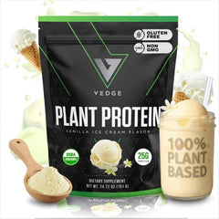 VEDGE Vegan Protein Powder vanilla tub closeup highlighting clean, organic ingredients.