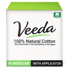 Veeda tampon with compact BPA-free applicator for easy insertion.