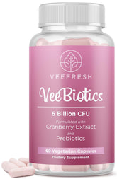 VeeFresh VeeBiotics cranberry capsules bottle for daily vaginal balance.
