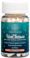 VeeFresh VeeCleanse bottle packaging illustrating daily vaginal health support.