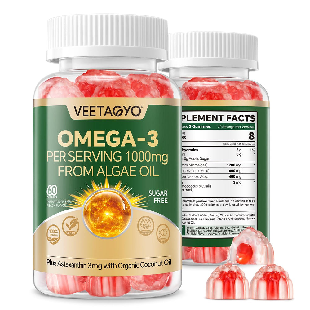 VEETAGYO vegan omega-3 gummies dual-layer bottle for daily cognitive support