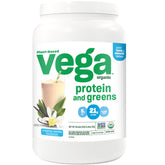 Vega Organic Protein and Greens creamy vanilla bottle ready for a protein shake